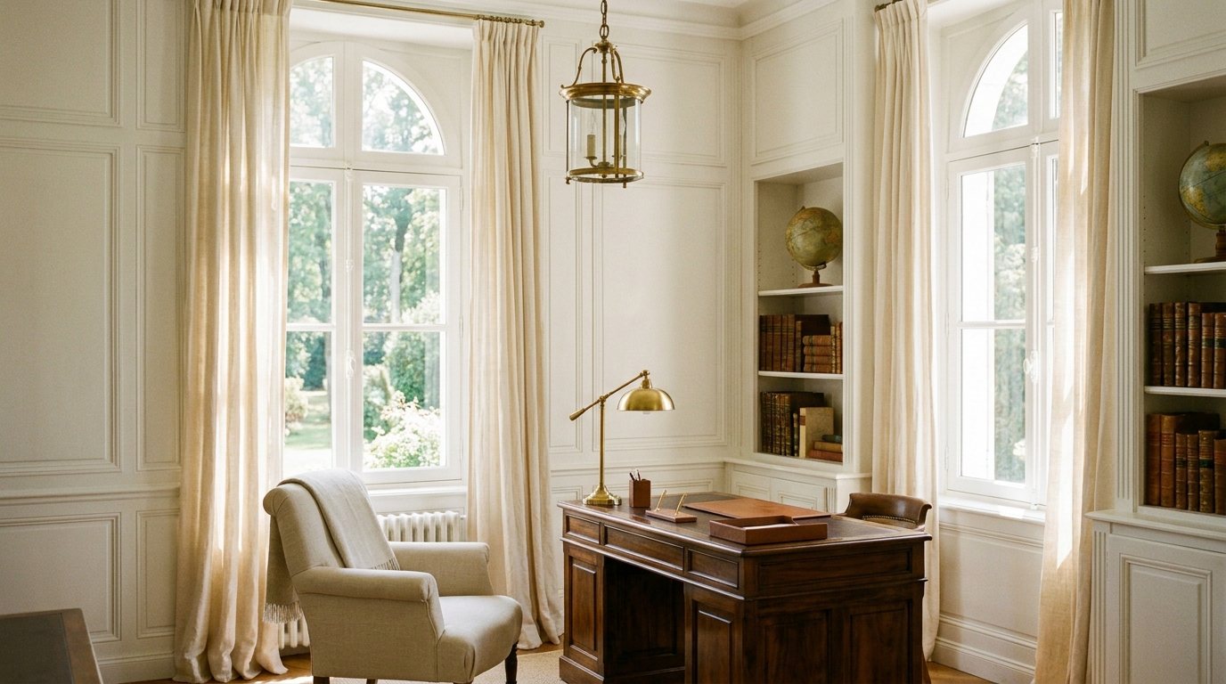 Lichte klassieke werkkamer met messing lantaarn en tuinlicht